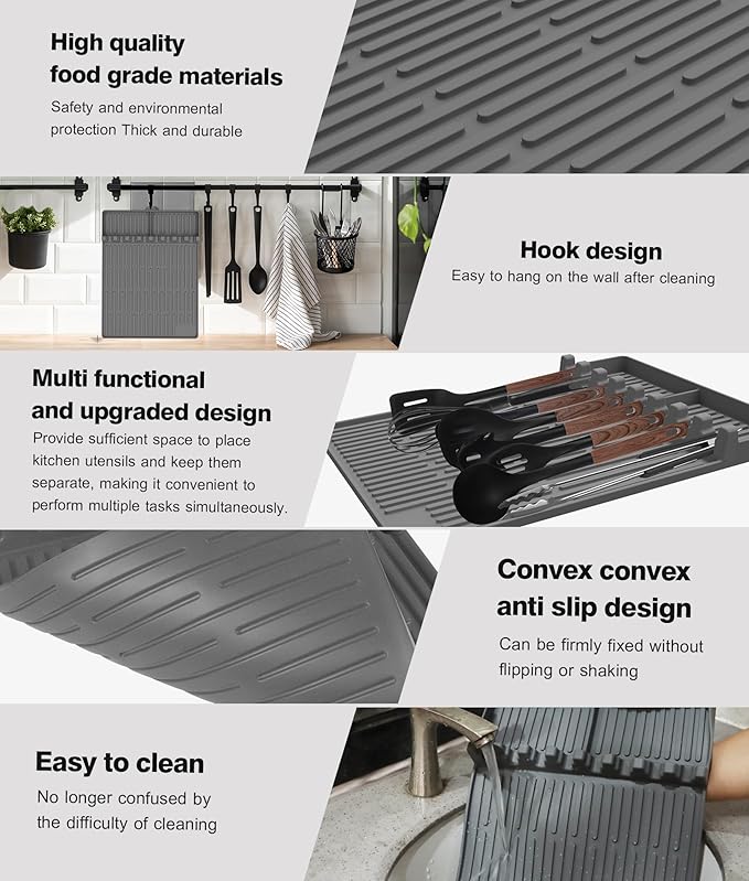 Silicone Griddle Tools Mat for Blackstone - Large Silicone Spatula Mat with Drip Pad - Griddle Mats BBQ Grill Accessories - Side Shelf Mats Grill Pad for Blackstone Griddles Accessories (Gray)