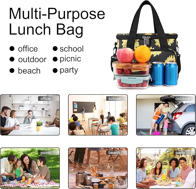 Femuar Lunch Bags for Women/Men, Insulated Lunch Bag for Work Office - Lunch Cooler Bag Leakproof Lunch Box with Adjustable Shoulder Strap - Sunflower