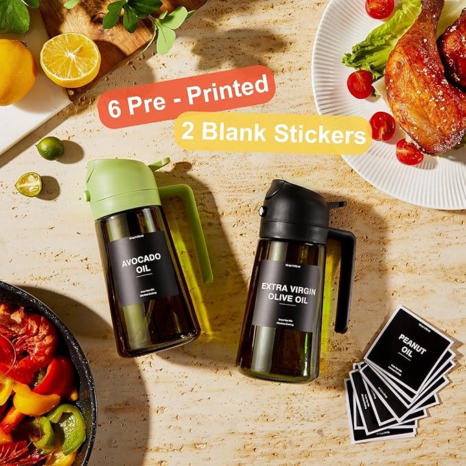CXINYI - 16oz/470ml Olive Oil Dispenser for Kitchen with Stickers - 2 in 1 Olive Oil Sprayer for Cooking, Air Fryer, and Salad, Black&Purple (Light-Proof Kitchen Gadget)