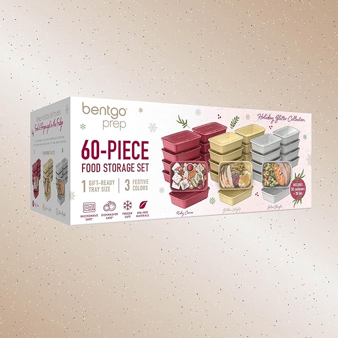 Bentgo Prep 60-Piece Holiday Food Storage Set - 1-Compartment Meal Prep Containers, 4-Cup Capacity, Reusable, Durable, PFAS & BPA-Free, Microwave/Freezer/Dishwasher Safe (Holiday Glitter Collection)