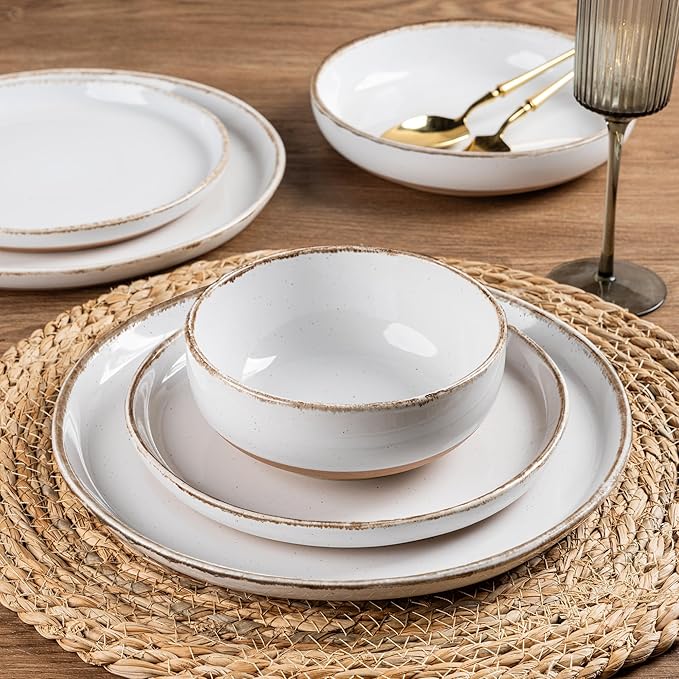 AmorArc 18 Pieces Ceramic Dinnerware Sets for 6, Handpainted Stoneware Plates and Bowls Set with Rustic Terracotta Underside, Scratch Resistant Dishes Set, Dishwasher & Microwave Safe, White