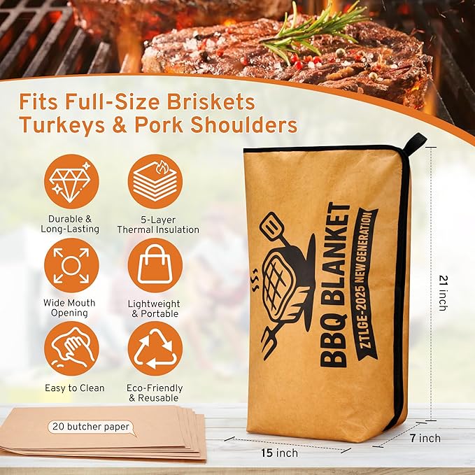 Christmas BBQ Blanket for Resting Meat - 21" Reusable Leakproof 5-Layer Insulated Smoker Bag with 20 Butcher Papers, Smoker Accessories & Gifts for Men (Turkey, Pork, Beef)