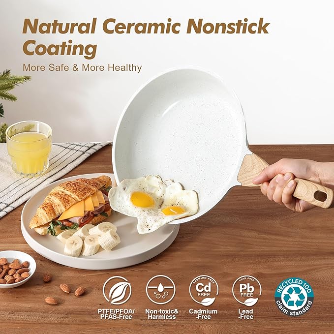SENSARTE Nonstick Frying Pan Skillets, White Ceramic Coating Omelette Pans, Healthy Cookware Chef's Pan, PTFE & PFAS Free (8+9.5+11 Inch)