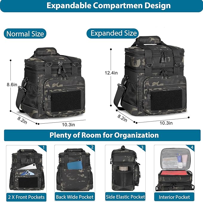 Double Deck Insulated Lunch Box, Expandable Large Lunch Bag Leakproof Cooler Bag Lunch Pail for Men Women Adults Work Shifts Travel Daytrip,16L,Black-Camo