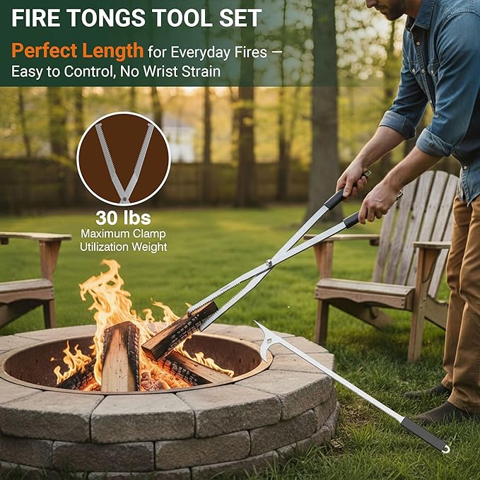 Tredre Fire Tongs and Fire Poker Set, Stainless Steel Fire Pit Tools for Outside, Heavy Duty Fireplace Tongs Log Grabber for Campfire, Wood Stove, Rust-Resistant Firewood Tong Set