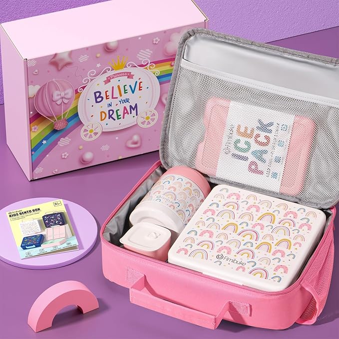 Fimibuke Kids Bento Snack Lunch Box with 4 Compartment, Insulated lunch Bag, Stainless Steel Vacuum Thermos Food Jar, Ice Pack, Utensils Set, Birthday Gift for Age 3-12 Back to School Toddler Girl Boy