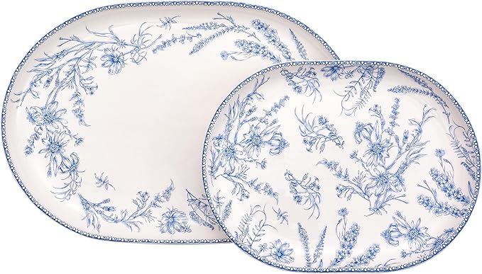 Bico Blue Garden Toile De Jouy 16 plus 12 inch Oval Platters Set, Set of 2, Microwave and Dishwasher Safe, for Serving Fish, Chicken, Turkey