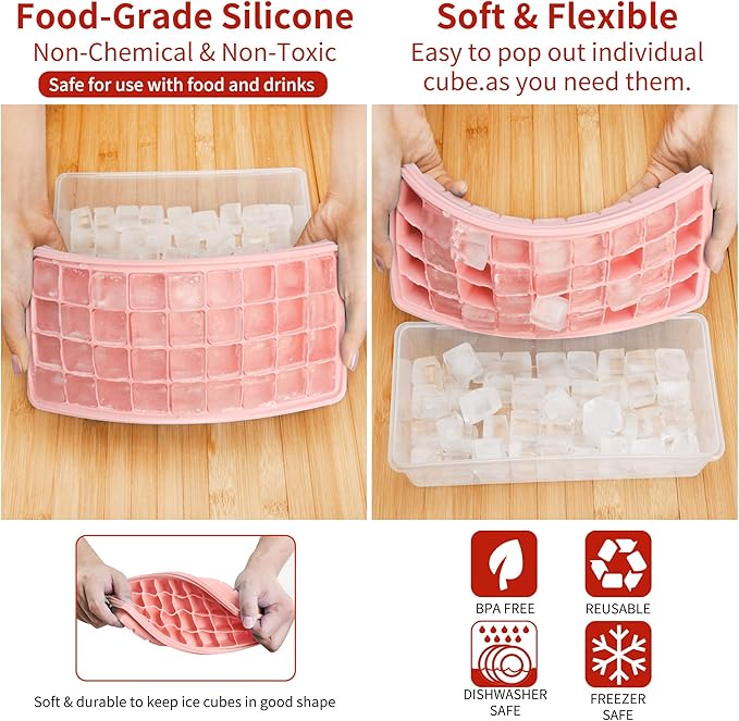 Silicone Ice Cube Tray with Leak-Proof Lid & Storage Bin for Freezer – BPA-Free 36-Piece Nugget Ice Molds, Spill-Resistant Cover & Ice Scoop Container Cover