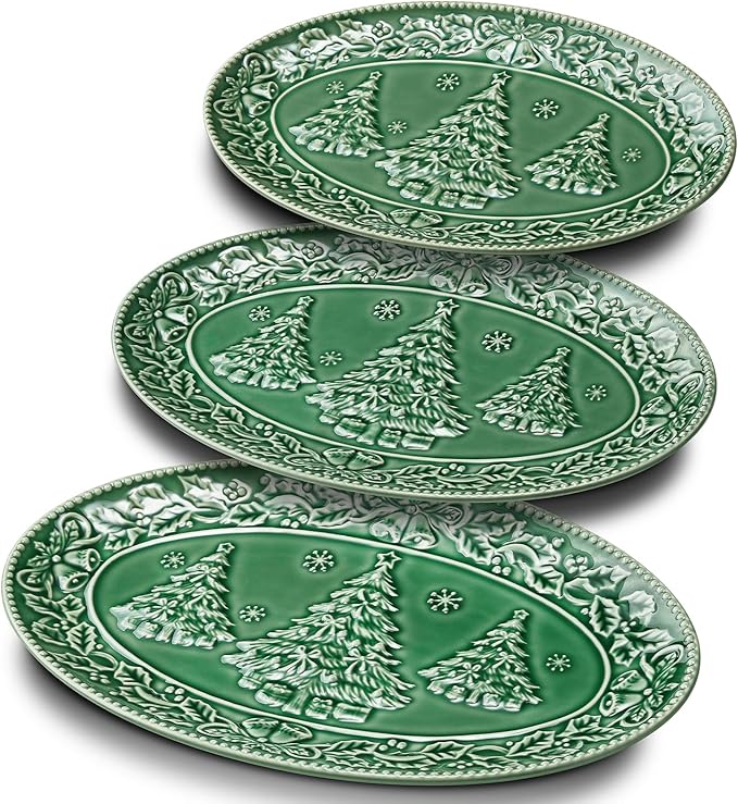 Christmas Tree Serving Platters, 14.5"/ 12.5"/11" Ceramic Oval Serving Trays, Green Serving Plates, Dishwasher and Microwave Safe, Set of 3
