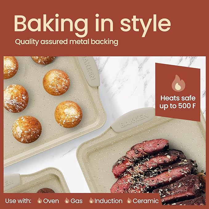 BAKKEN Cookie Sheets for Baking Nonstick Set - 3-Piece Stackable Carbon Steel Baking Sheet Pans Set with Silicone Handles, Non Toxic Cookie Sheets for Baking Bakeware Set - White Marble