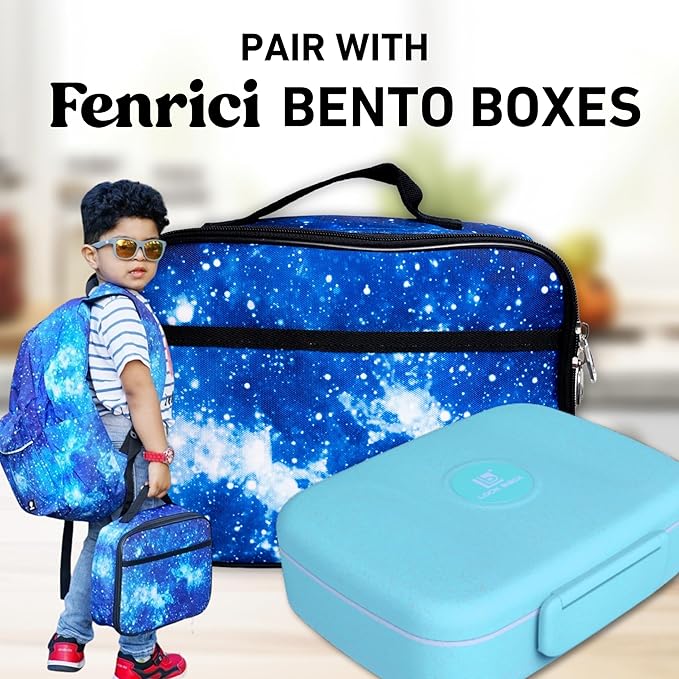 Fenrici Galaxy Lunch Box for Boys, Kids, Boy's Lunch Box for School, Insulated Lunch Bag for Preschool, K-6, Soft Sided Compartments, Spacious, BPA Free, Food Safe,10.8in x 8.5in x 2.8in, Blue