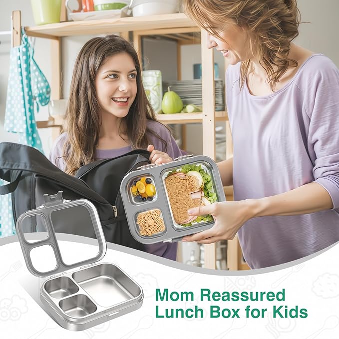 Stainless Steel Lunch Box, 3 Compartments Metal Bento Box for Kids Adults, Leak-Proof Lunch Box for School Office, Dishwasher Safe, BPA-Free, Tritan Lid, Grey