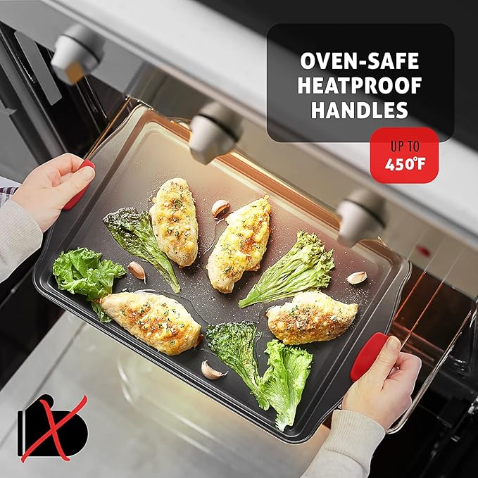 JOYTABLE Baking Sheet, 2PC Cookie Sheet Set with Silicone Handles, Nonstick Steel Baking Pan, Baking Sheets for Oven, BPA Free Baking Pans Set, Cookie Sheets– Black Bakeware, Small & Medium