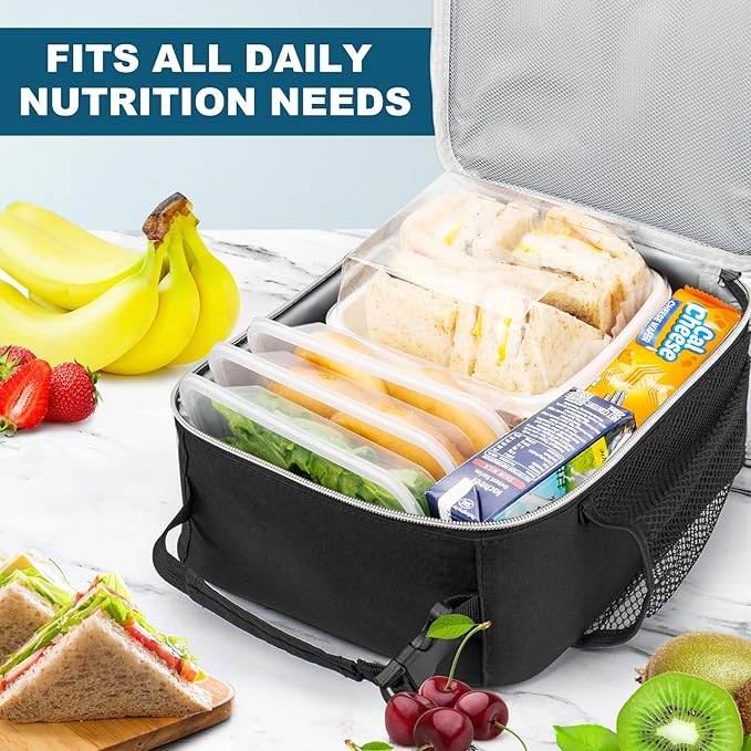 Lunch Bag, Durable Insulated Lunch Box Reusable Adults Tote Bag Lunch Bag Durable Reusable for Adults (Black-White)