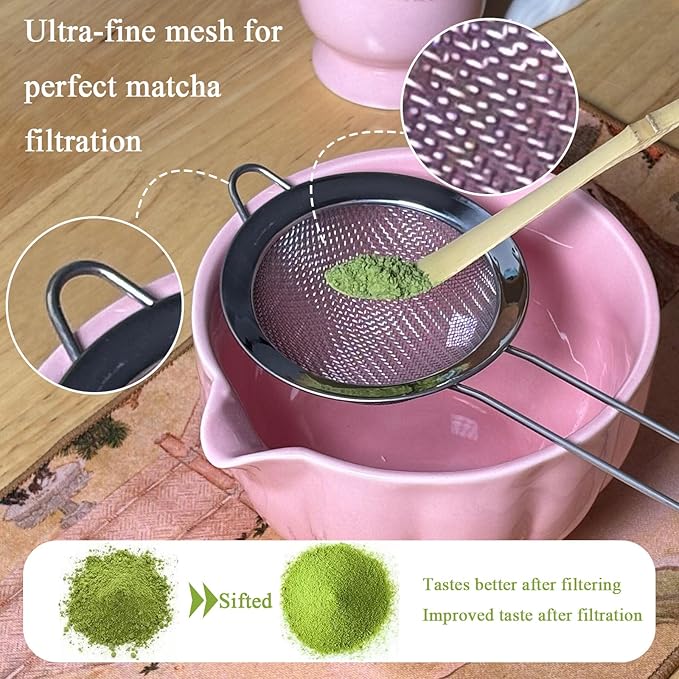 Matcha Whisk Set, Ceramic Matcha Bowl with Whisk & Holder, Bamboo Scoop & Spoon, Scoop Rest, Sifter and Tea Towel- 8 Pcs Matcha Kit for Matcha Lovers (Pink)