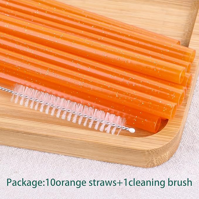 Dakoufish Replacement Glitter Straws for Stanley|Owala|Simple Modern 40oz 30oz Tumbler,10 Pack 12 Inch Reusable Orange Straws With Cleaning Brush For Stanley Hydro Jug Cup,Dishwasher Safe