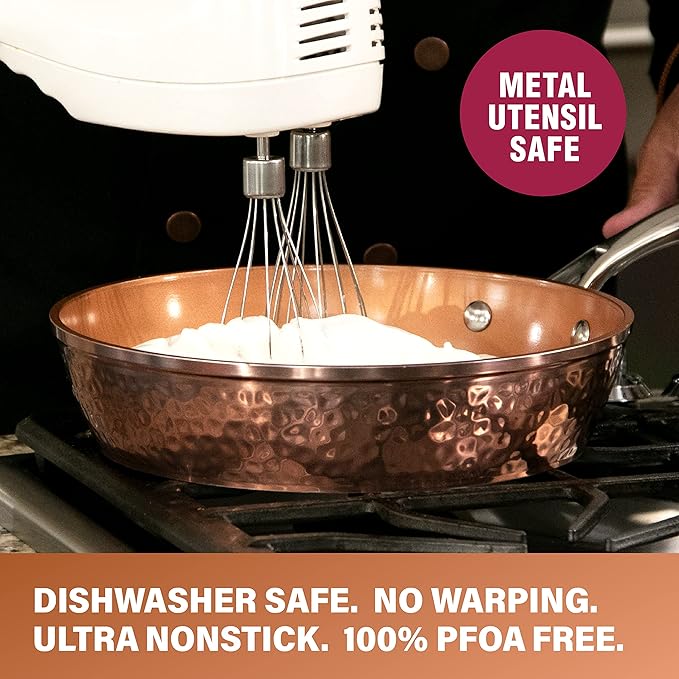 Gotham Steel 9.5" Hammered Pan with Tempered Glass Lid and Cool Touch Handles, Ultra Nonstick Fry Pan, Scratch Resistant Dishwasher Oven-Safe, Non-toxic Frying Pans and Skillets Cookware As Seen on TV