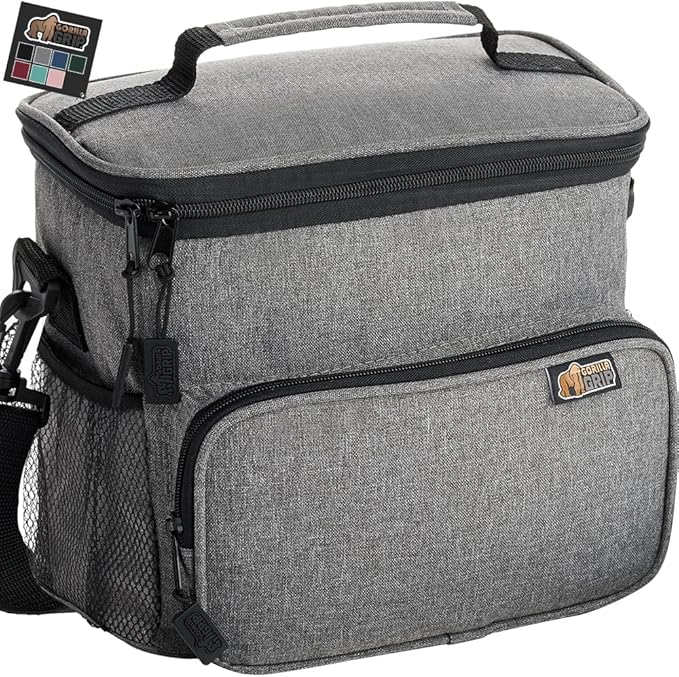 GORILLA GRIP Reusable Insulated Lunch Box Bag for Women Men, Large Leakproof Soft Cooler Bags, Multiple Compartments, Mesh Pockets, Adjustable Strap, Food Tote Keeps Drinks Cold, 8L, 10x9, Light Gray