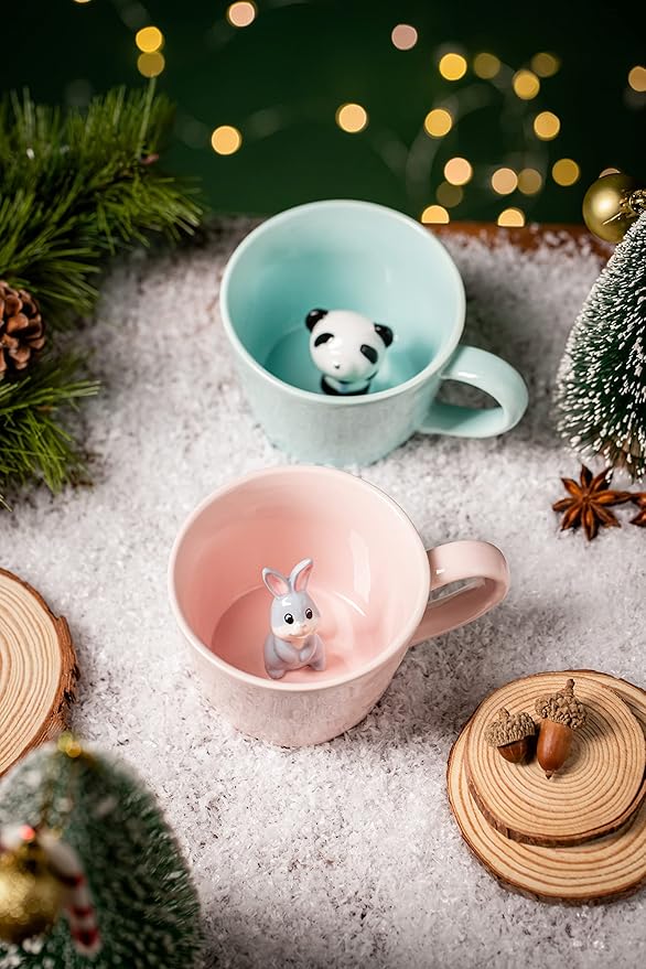 DIHOclub Panda Ceramic Cup Hidden 3D Animal Inside Mug,Cute Cartoon Handmade Figurine Mugs,Holiday and Birthday Gift for Coffee & Tea Lovers,12 OZ (Blue)