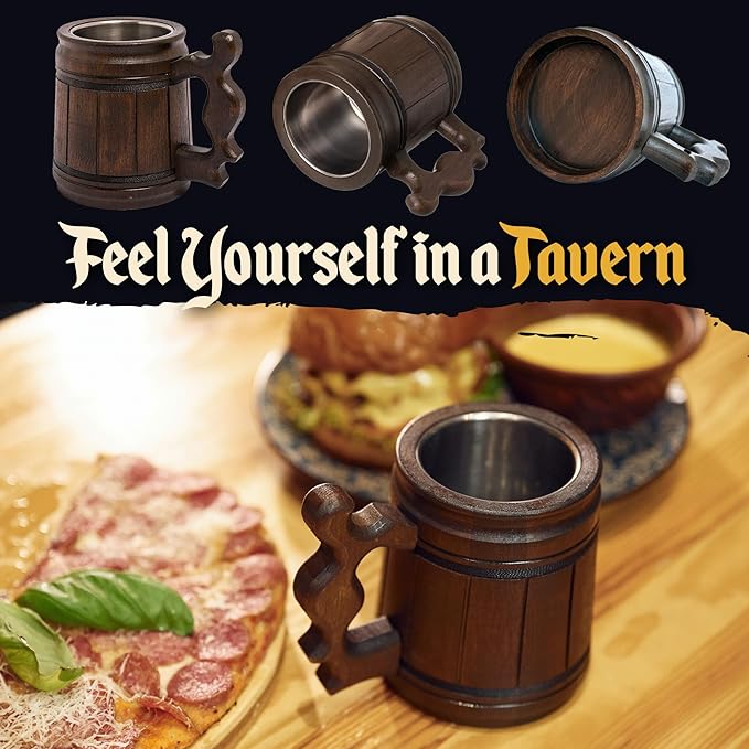 Set of 6 Beer Mug 10 OZ - Coffee Mug - Beer stein - Wooden beer mug - Stainless Steel Cup - Handmade Gifts for Men - Fathers Day, Christmas or Birthday Gift Idea - Men Mug - Classic Brown