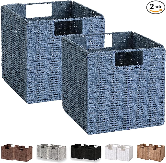 Vagusicc Wicker Storage Basket, Set of 2 Hand-Woven Storage Baskets for Shelves with Handles, Foldable Cube Storage Baskets Bins 11 Inch Large Wicker Baskets for Pantry Decor, Blue(11''x11''x11'')