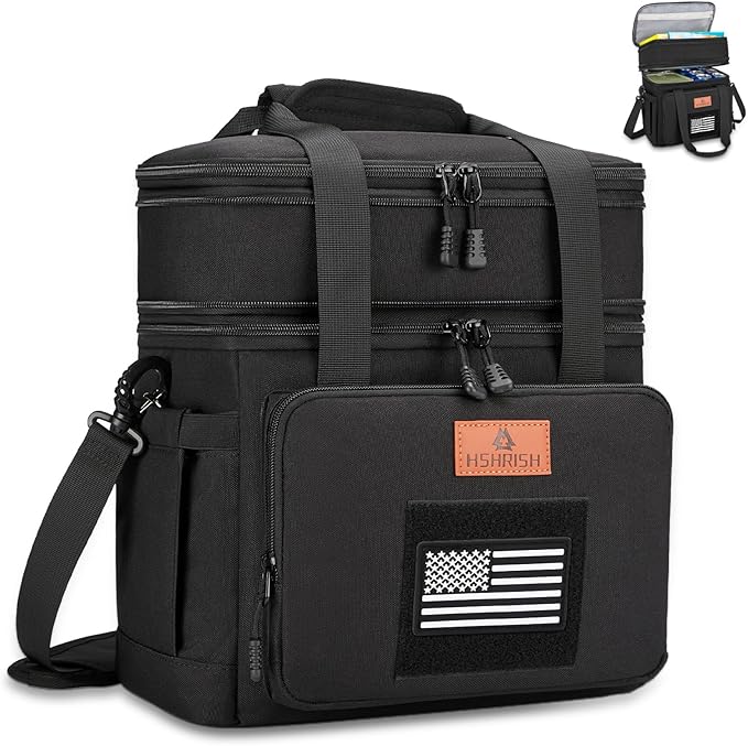 HSHRISH Lunch Box, Large Double Deck Expandable Insulated Lunch Bag, Durable Waterproof Leakproof Tactical Cooler Bag with Flag for Men/Work picnic Trips, 24 Cans/16 L, Black