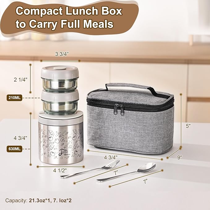 Lille Home Portable Insulated Lunch Box Set with Stainless Steel Cutlery, vacuum lunch box, to Keep Food Warm or Cool, Two Containers for Fruits and Sauces, Durable and Leak-Proof(GREY)
