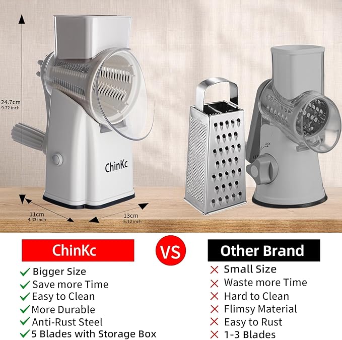 Rotary Cheese Grater Shredder - Upgraded 5 in 1 Cheese Grater with Handle and Strong Suction Base, Multi-purpose Julienne Slicer Ice Shaver Nuts Grinder for Ice, Vegetables, Fruit, Nuts
