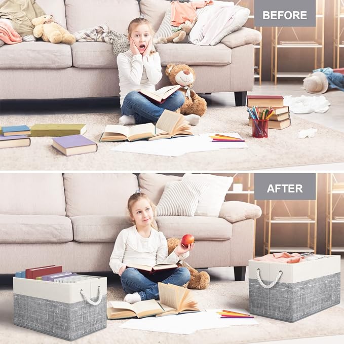 Fab Totes Foldable Storage Baskets - 6-Pack, Organize Toys, Books, Shelves, Closet - Large Storage Box with Rope Handles, Sturdy White & Grey Bins