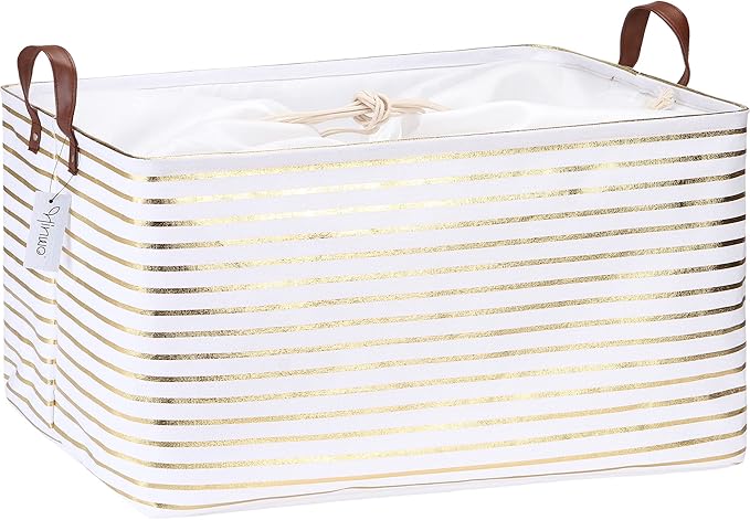 Hinwo 70L Extra Large Storage Bins, Closet Organizers and Storage, Foldable Clothes Storage Baskets with Handles, Containers for Clothing, Blanket, Comforters, Toys, Bedding (Gold Stripe)