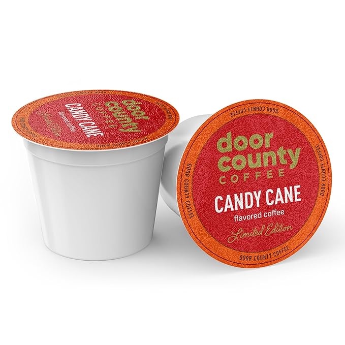 Door County Coffee Candy Cane Holiday Flavored Ground - 60 Count Single Serve Cups - Medium Roast - 100% Specialty Arabica - Flavored Gourmet - Peppermint Flavored