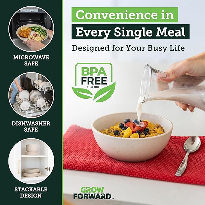 Grow Forward 16-piece Premium Wheat Straw Dinnerware Sets for 4 - Unbreakable Dishwasher & Microwave Safe Plastic Plates and Bowls Sets - Patio, Outdoors, RV, Camping Dishes - Sahara