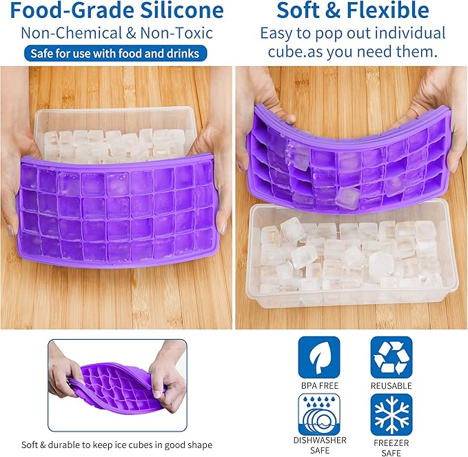 Food-grade Silicone Ice Cube Tray with Lid and Storage Bin for Freezer, Easy-Release 2 * 36 Small Nugget Ice Trays 1 ice Bucket & Scoop, Flexible Ice Cube Molds with Ice Container