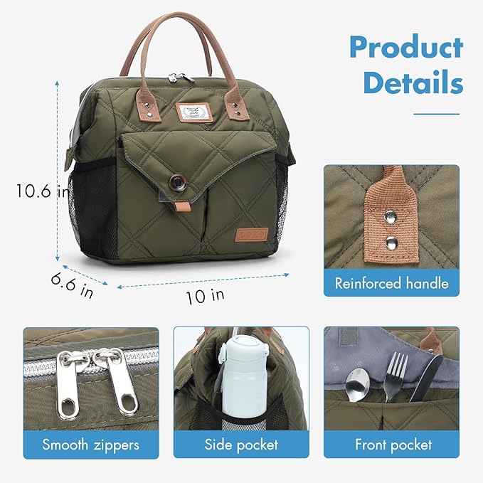 Lekesky Lunch Bag for Women Insulated Lunch Box Leakproof Lunchbox for Adult Work, Quilted Green