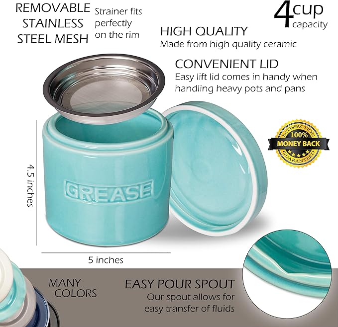 Bacon Grease Saver with Strainer - Ceramic Grease Container 1L Storage Canister | Holds Bacon Fat Drippings | Oil Keeper for Kitchen Counter Storage