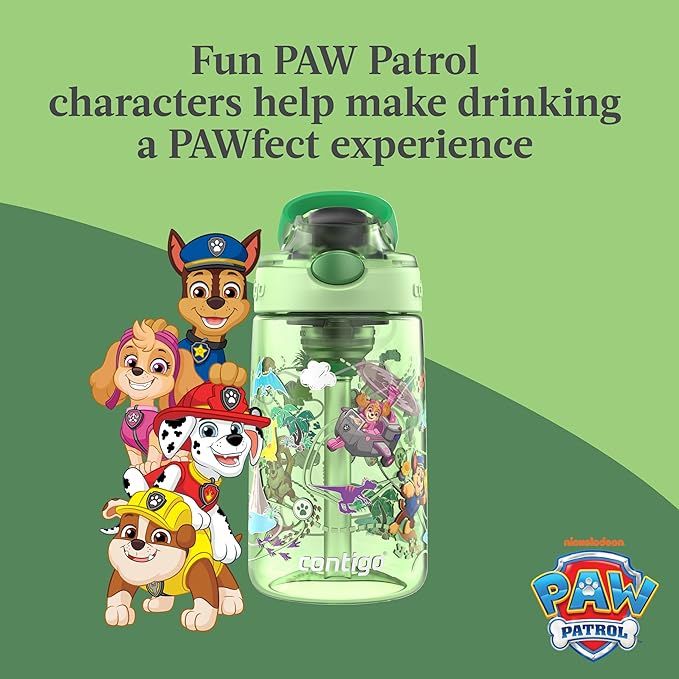 Contigo Aubrey Paw Patrol Leak-Proof Spill-Proof Water Bottle with Autospout, 14oz, Paw Patrol Dino Treks, Green