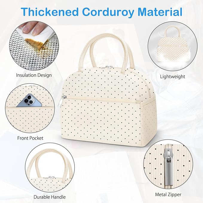 DALINDA Corduroy Lunch Bag Lunch Box for Women Men,Cute Insulated Lunch Bags,Water-Resistant Cute Cooler Lunch Tote Bag, Reusable LunchBox Large Capacity for Work Travel Picnic