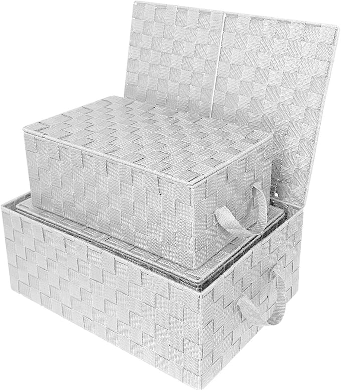 Sorbus Set of 3 Storage Baskets for Organizing with Lid, Mesh Hand-Woven Design, Linen Closet Organizers and Storage, Organizer Storage Baskets for Shelves, Variety Pack Organizers and Storage (White)