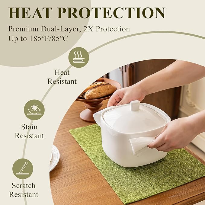 KXN Placemats Set of 6, Dual-Layer Thickened Faux Linen Table Mats, Heat Resistant & Wrinkle-Free, Machine Washable Cloth Place Mats for Kitchen Dining Indoor Outdoor (Green)