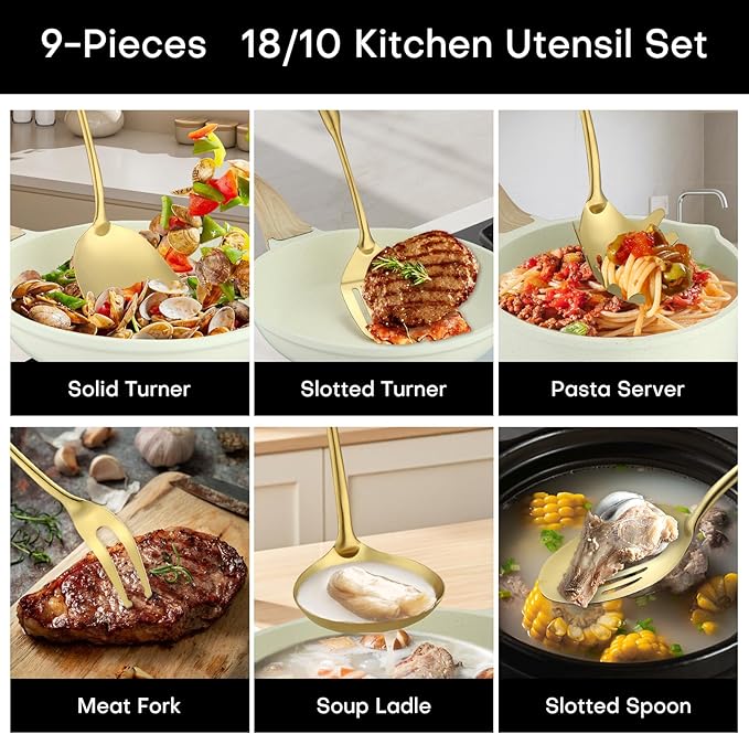 Lazycorner Kitchen Utensil Set 9-Piece Stainless Steel 304 Polished Mirror Finish Cooking Spoons, Slotted Spoon, Turner, Spatula, Pasta Spoon– Dishwasher Safe, Rust-Resistant