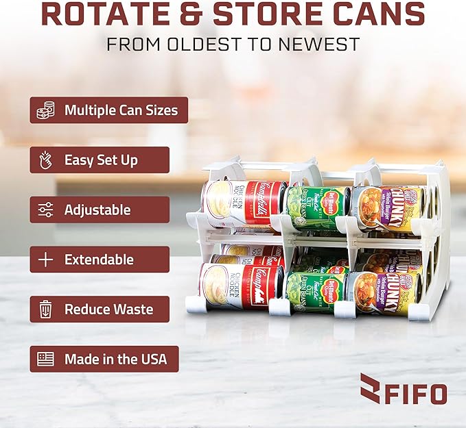 FIFO Countertop Mini Can Tracker Holds 30 Standard 10-24 Oz Can Sizes, White| Stackable & Adjustable Can Organizer for Pantry, USA Made, White