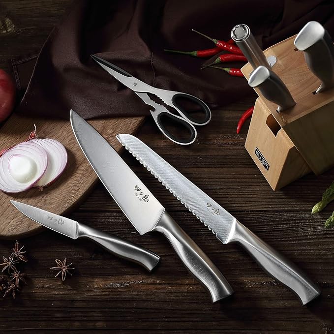 Knife Set, 8 Piece German Stainless Steel Hollow Handle Manual Knife Sharpener Forged Kitchen Knives Set with Oak Wooden Block Gift
