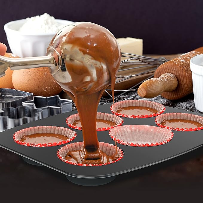 NutriChef 8-Piece Stackable Nonstick Bakeware Set - Premium Steel Baking Pans Set - Includes Round Cake Pan, 6-Cup Muffin Pans, Wide/Square Brownie & Loaf Pans, Cookie Sheet, & Roaster Pan (Black)