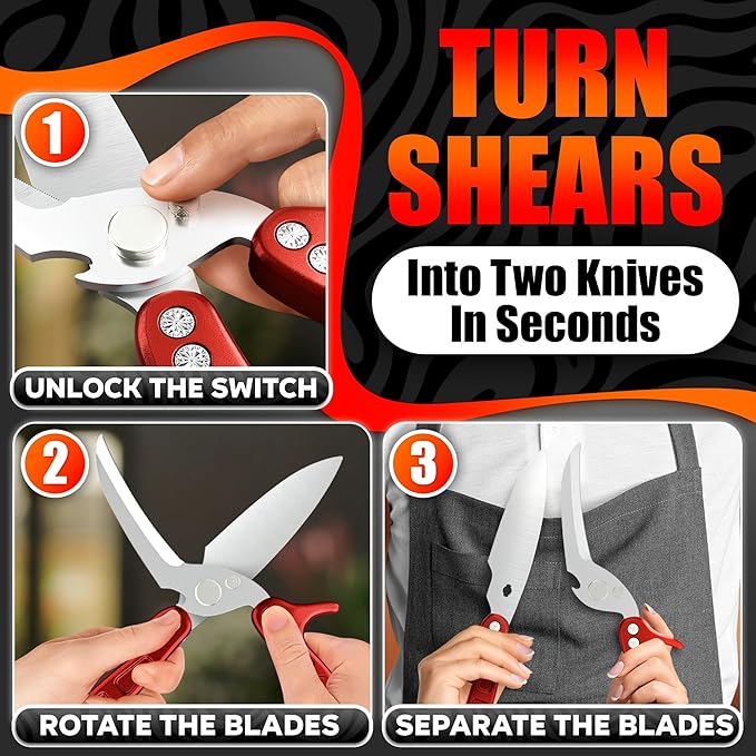 4-in-1 Kitchen Shears Heavy Duty – Sharp Seafood, Turkey Shears & Chicken Scissors with Non-Slip Metal Handle & Micro-Serrated Blades for Meat – Spring-Loaded Bone Cutting Scissors with Safety Lock