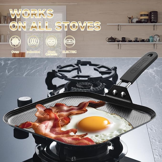 Inqibee 11 Inch Tri-ply Stainless Steel Square Griddle Pan,Hybrid Ceramic Nonstick Pancake Pan,Anti-scratch,Silicone Heat-resistant Black Handle,Dishwasher and Oven Safe