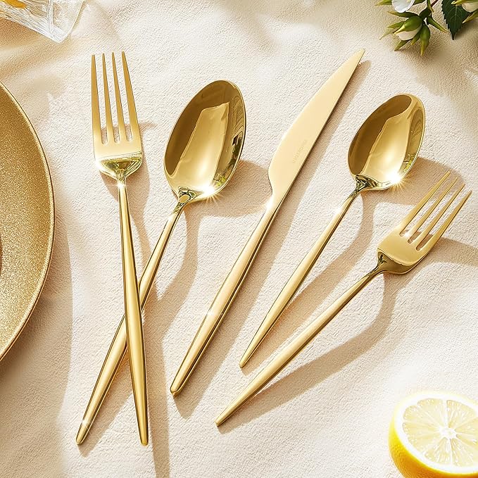KINGSTONE Silverware Set, 20-Piece Flatware Set Cutlery Set Premium 18/10 Stainless Steel, Tableware Include Forks Knives Spoons for Home Kitchen Restaurant Wedding, Dishwasher Safe, Gold