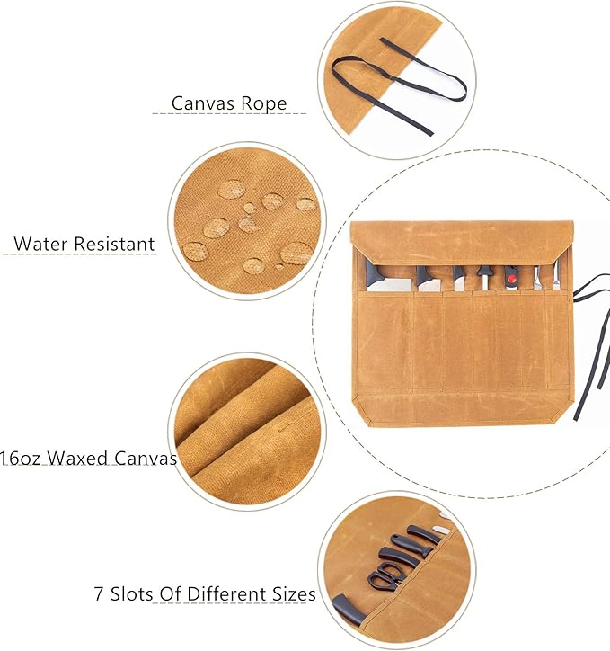 Denifiter Knife Cases Organizer-Durable 16OZ Waxed Canvas Knife Roll Construction-7 Pockets - (Khaki)