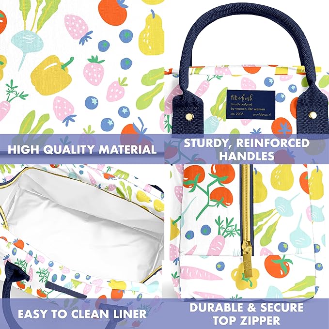 Fit & Fresh Bloomington Lunch Bag for Women - Insulated Large Lunch Box for Work with Containers, Leak-Resistant, Stain-Resistant, Zipper Closure, Fruit Print