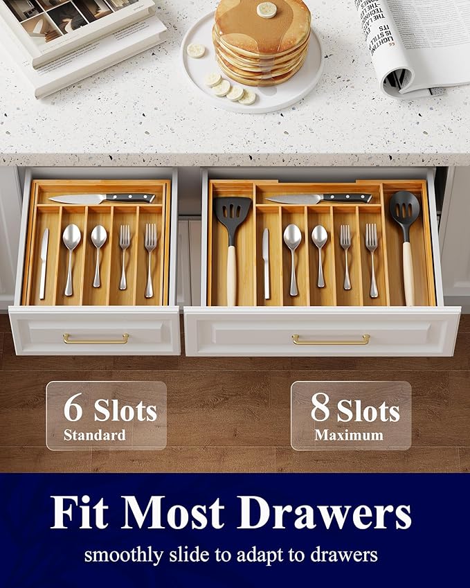 Kitsure Large Bamboo Silverware Organizer - Expandable Drawer Organizer for Utensil, Cutlery and Flatware, Kitchen Storage Solution with 6 to 8 Slots, Natural, 19.4" × 13.1" × 1.8"