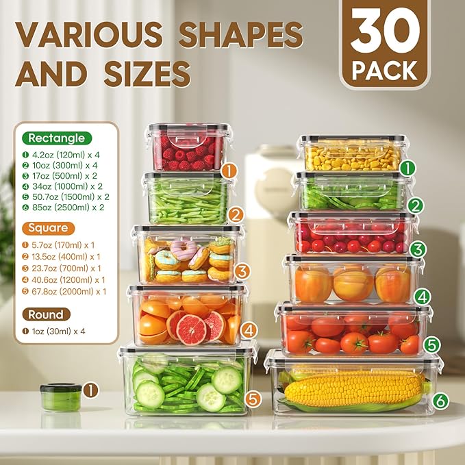 60 PCS Food Storage Containers with Lids Airtight (30 Containers & 30 Lids), 100% Leak Proof Meal Prep Container for Kitchen, BPA-Free Plastic(Polypropylene5), Microwave/Dishwasher Safe, Labels & Pen